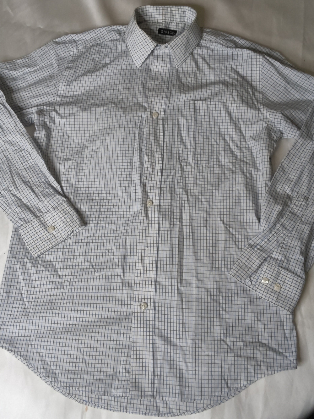 George Men's White Blue Windowpane Dress Shirt